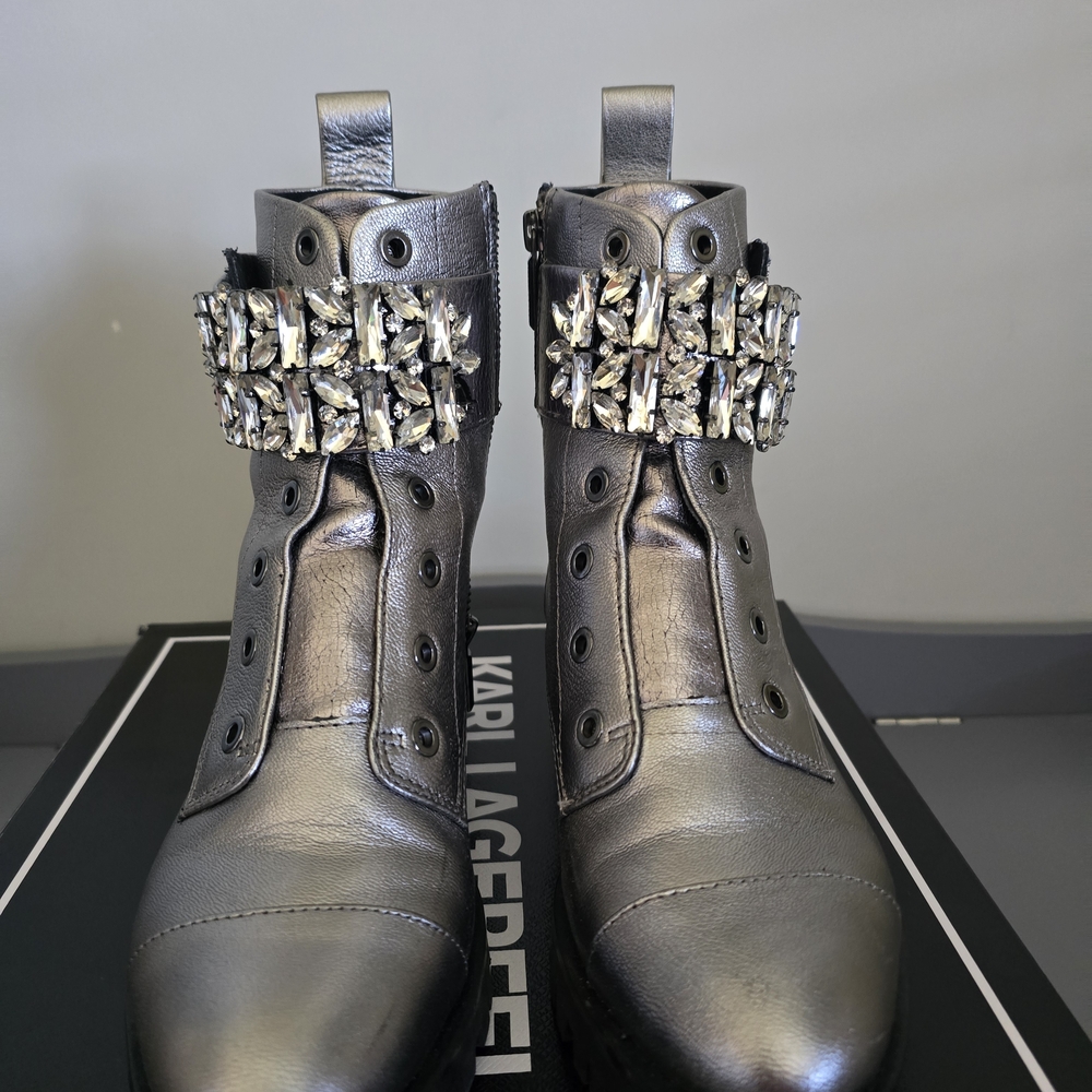 Karl Lagerfeld Women's Metallic Crystal Combat Boots